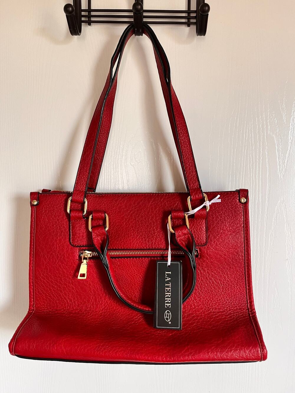 NWT La Terre Fashion Vegan Leather Satchel Tote Bag Red Gold Hardware Handbag